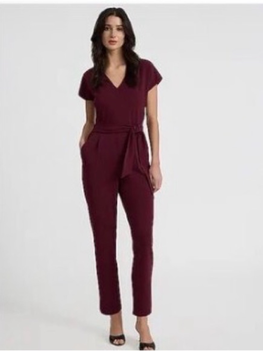 Express Burgundy V-Neck Belted Jumpsuit